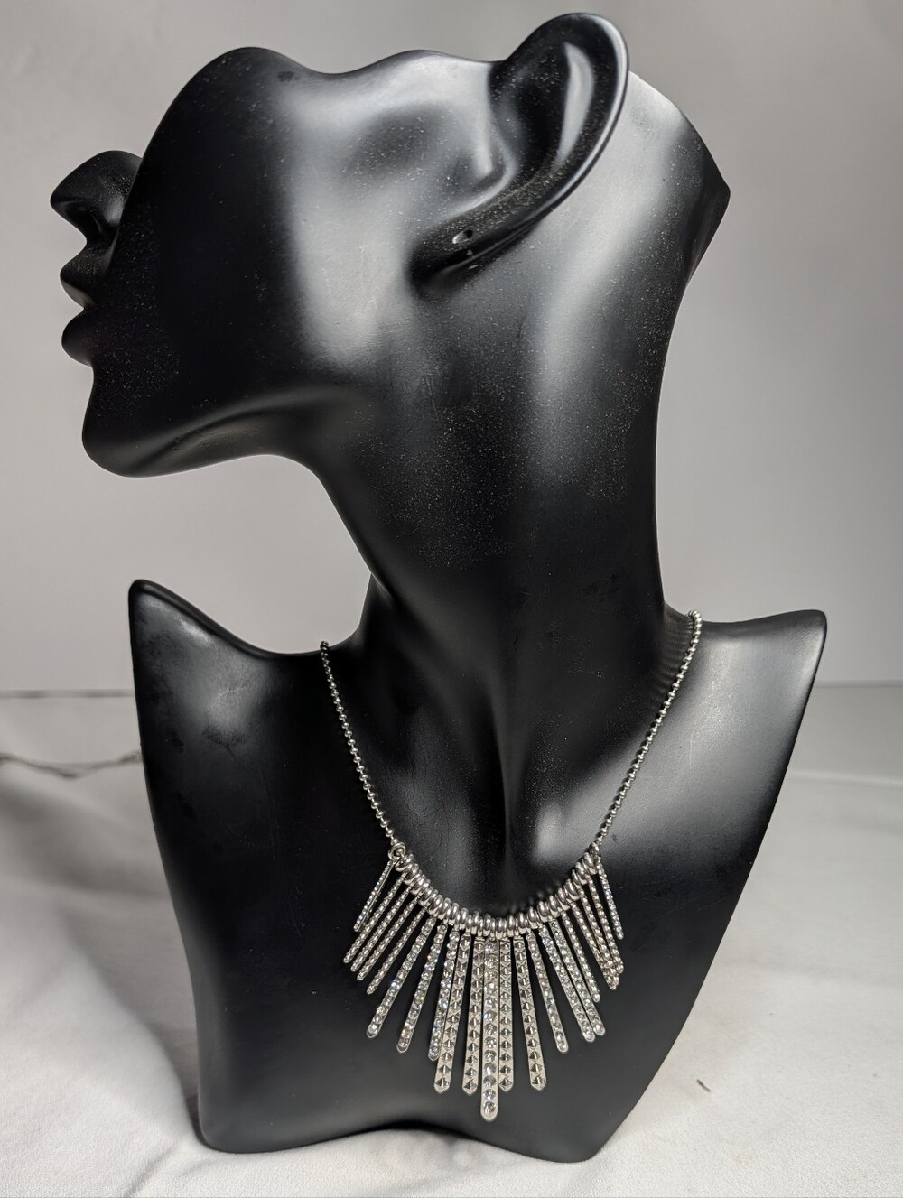 Vintage Silver Rhinestone  Fringe Statement Bib Necklace